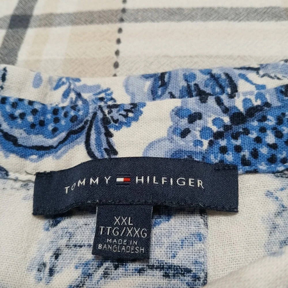 Tommy Hilfiger Men's 2XL White Blue Hawaiian Linen Blend Short Sleeve Polo Shirt